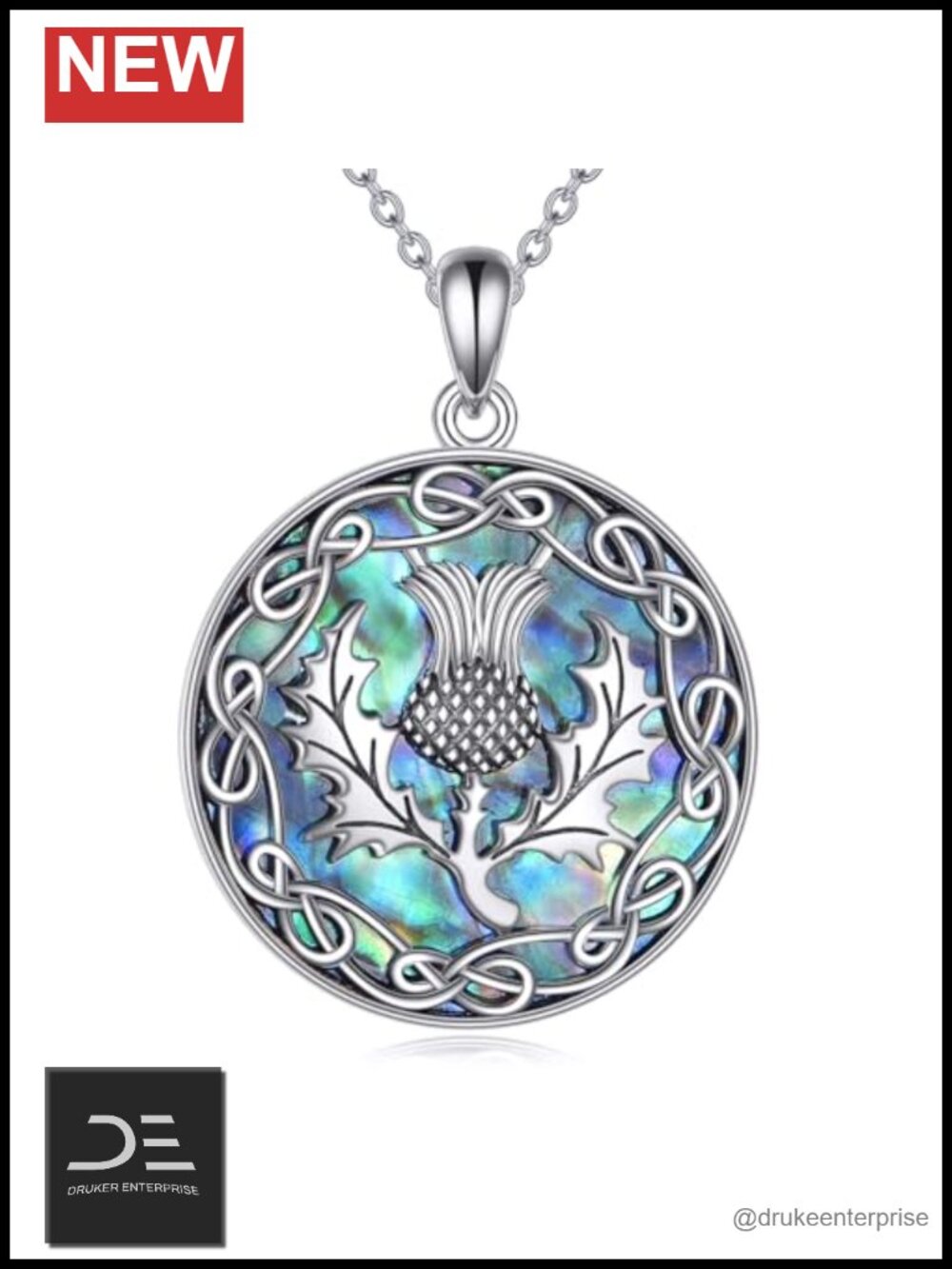 Scottish Thistle Necklace 925 Sterling Silver Abalone Celtic Knot Pendant